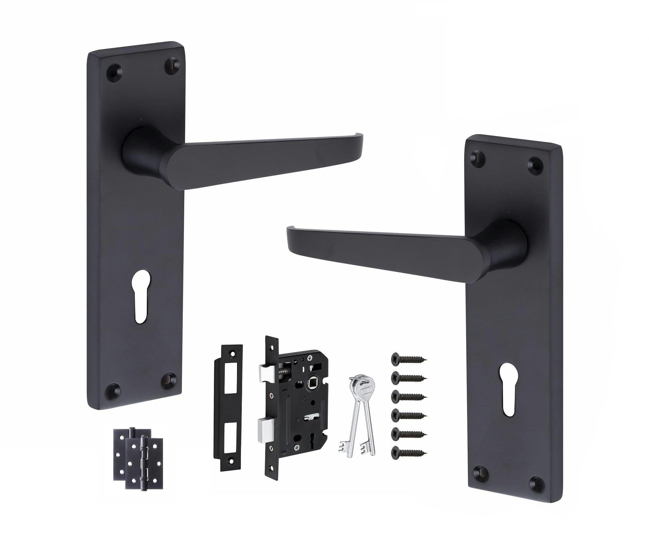 Golden Grace Victorian Straight Handle Lever Lock Door Handles in Matt Black with 3 Lever Lock Set with 1 Pair of 3" Ball Bearing Hinges Black Black 1