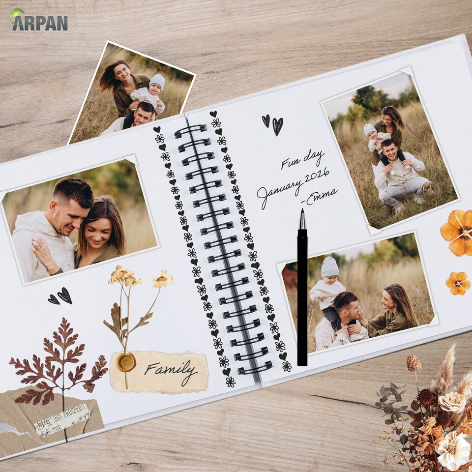 image 1 of ARPAN Spiral Bound Scrapbook Album – 50 Sheets / 100 Pages, 200 GSM Thick Paper – DIY Photo Album Memory Book with Ribbon Closure (26 x 25.5 cm) for Wedding, Baby, Travel, Artwork & Scrapbooking