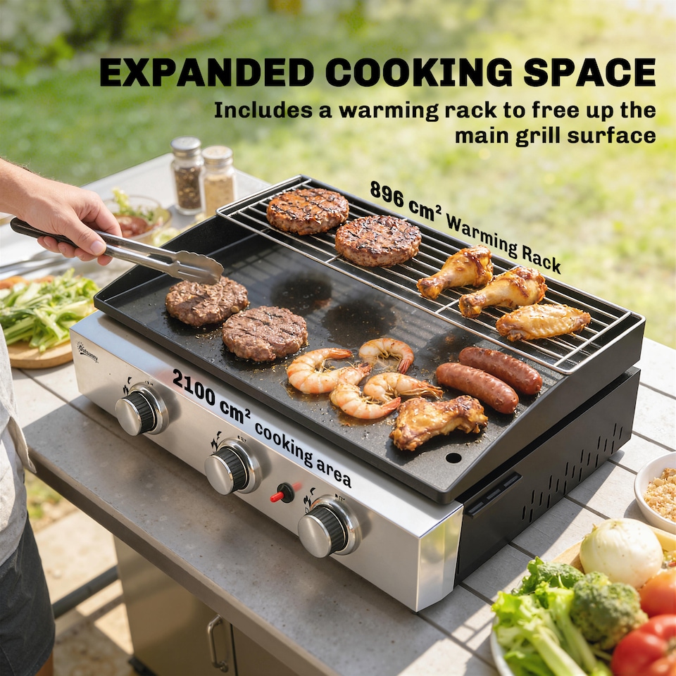 image 1 of Outsunny 3 Burner Grill Griddle, Tabletop Gas BBQ with Grease Cup, Black