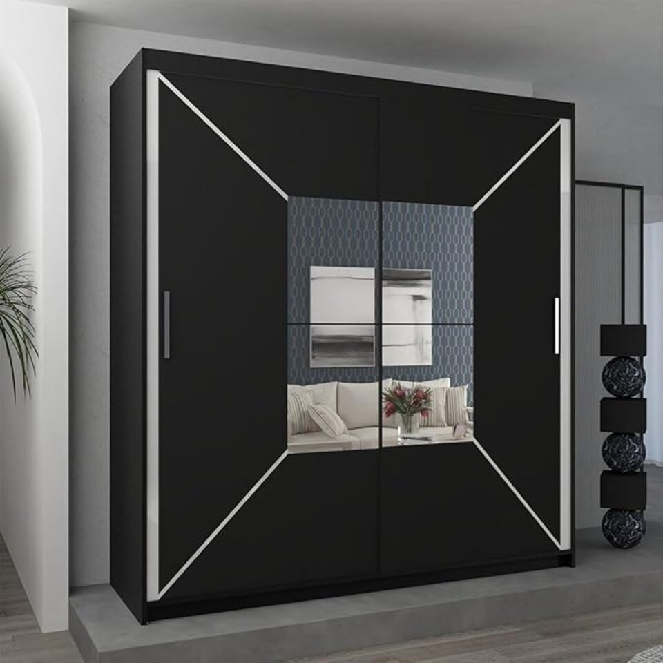 image 1 of Modern Geometric Mirror Sliding Door Wardrobe 203cm | White/Black/Grey 2-Door Bedroom Cabinet Black | Black203cm