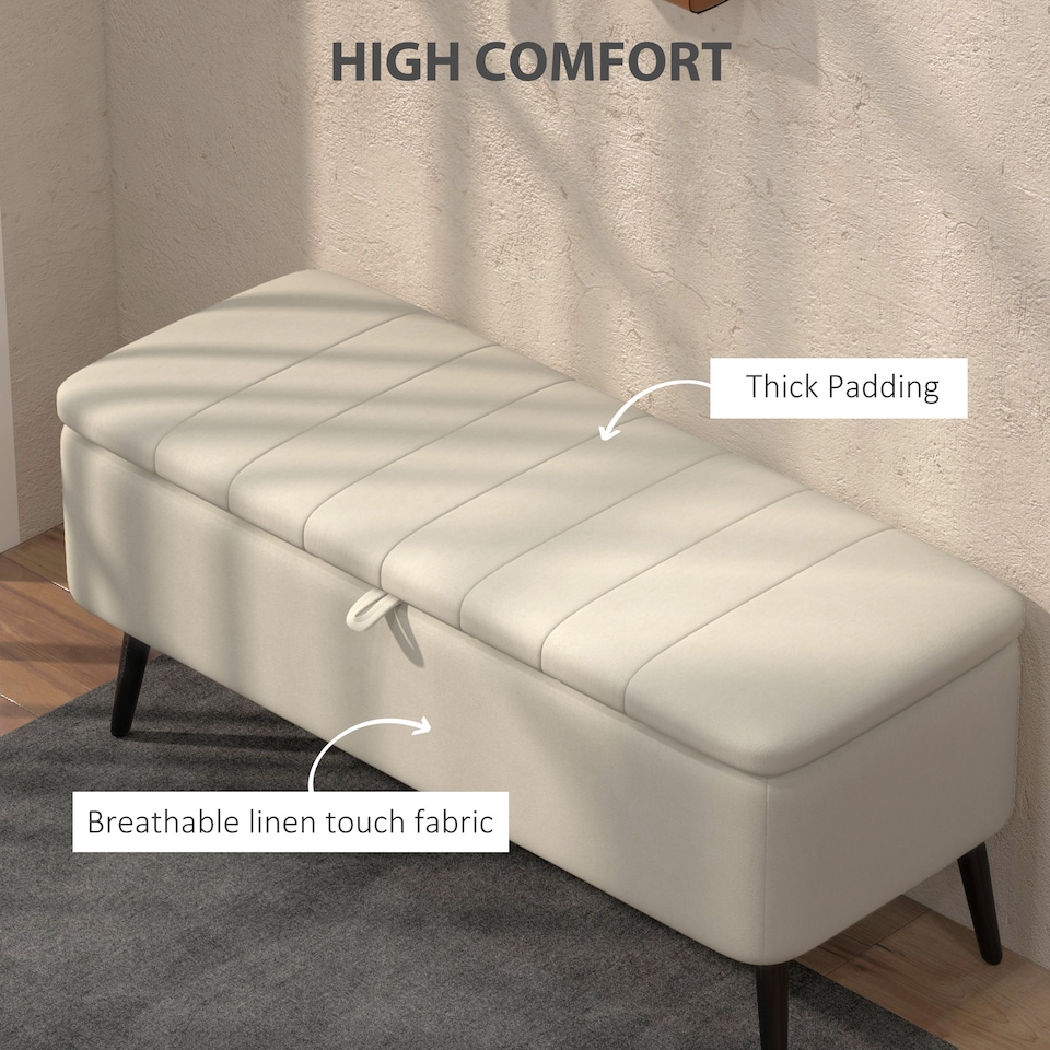 image 1 of HOMCOM Storage Ottoman Bench, Linen Fabric Footstool with Steel Legs Cream White