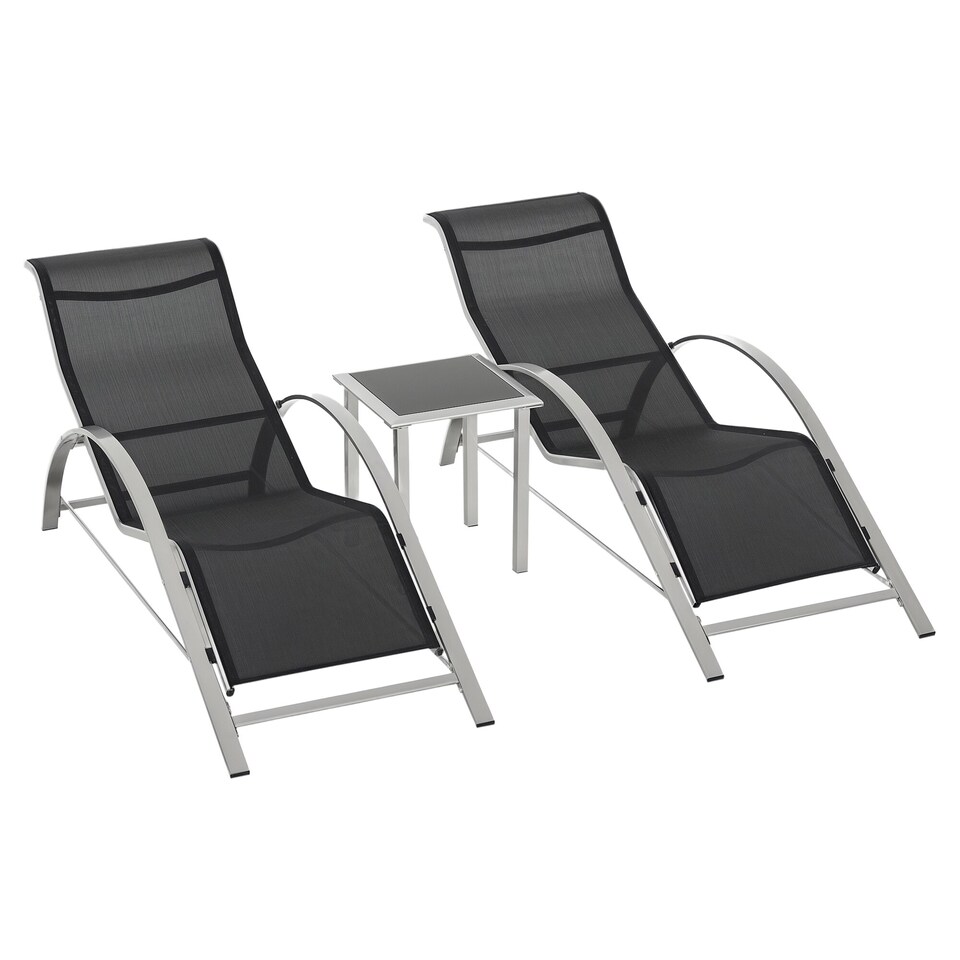 image 1 of Outsunny 3 Pieces Sun Lounger Chair Set, Metal Frame Outdoor Garden Recliner Chairs with Glass-Top Side Table and Armrests for Patio, Black