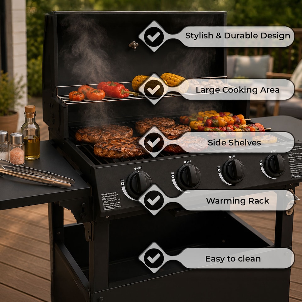 image 1 of 4 Burner Steel Gas BBQ Grill Outdoor Side Shelves Rack Bottle Opener