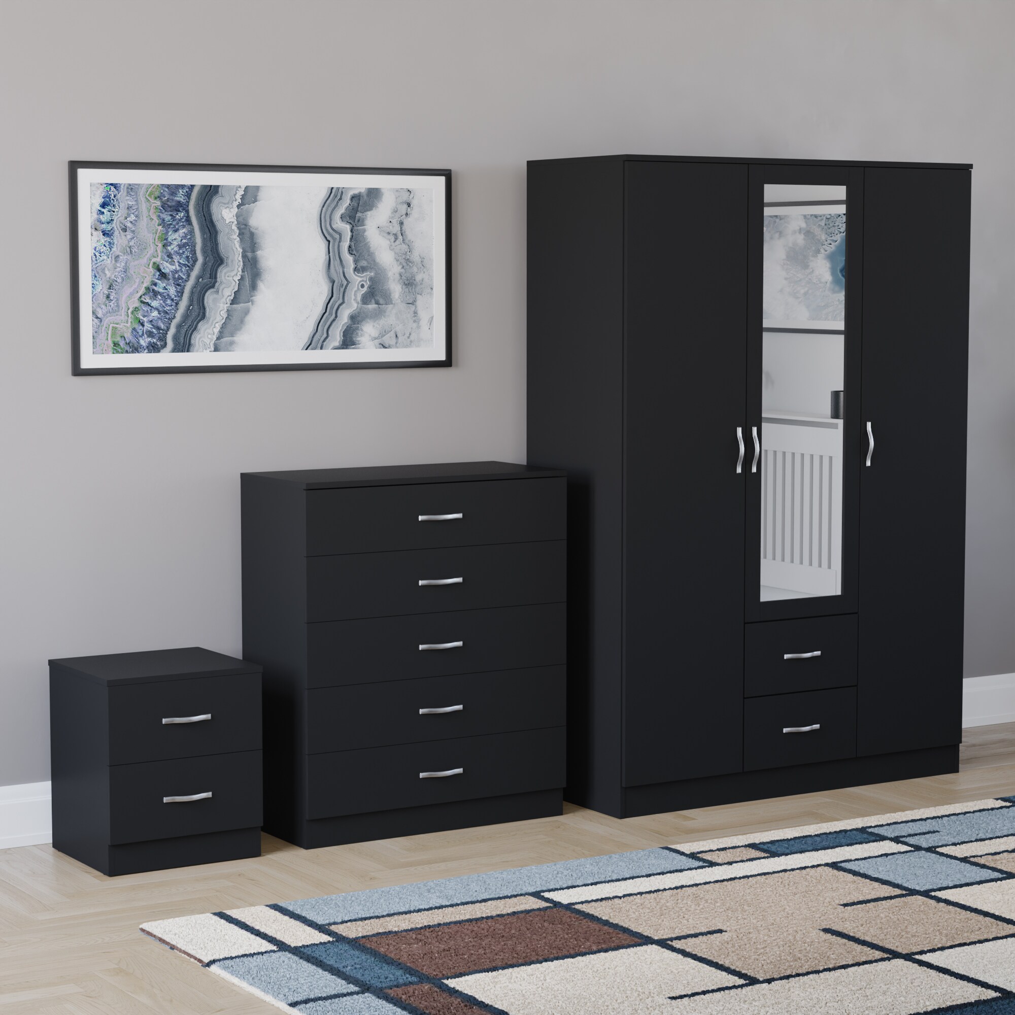Vida Designs Riano 3 Piece Bedroom Set (2 Drawer Bedside Chest, 5 Drawer Chest, 3 Door 2 Drawer Mirrored Wardrobe) - Black