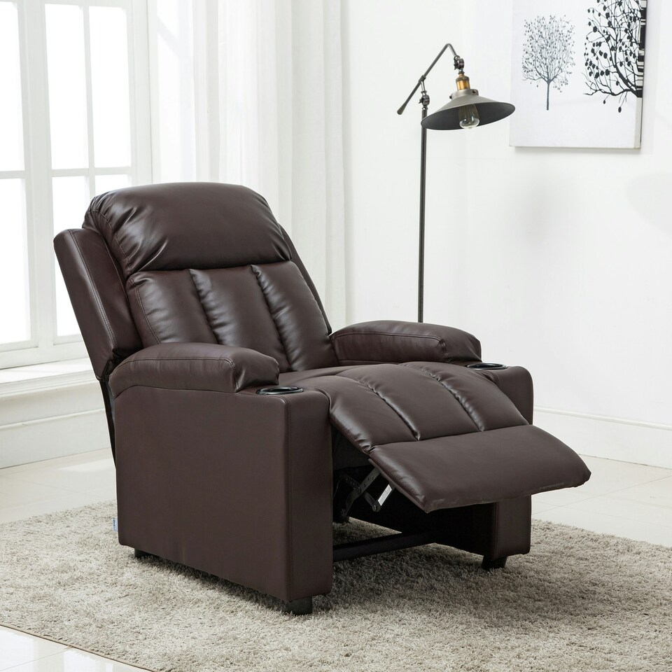 image 1 of Studio Bonded Leather Recliner w Drink Holders Sofa Chair (Cream)