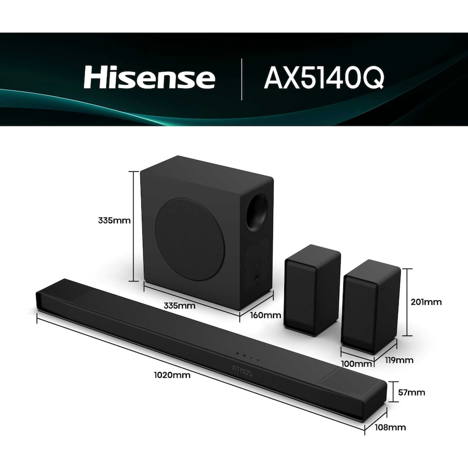 image 1 of Hisense AX Series 5.1.4 Channel Soundbar with Rear Speakers & Subwoofer AX5140Q
