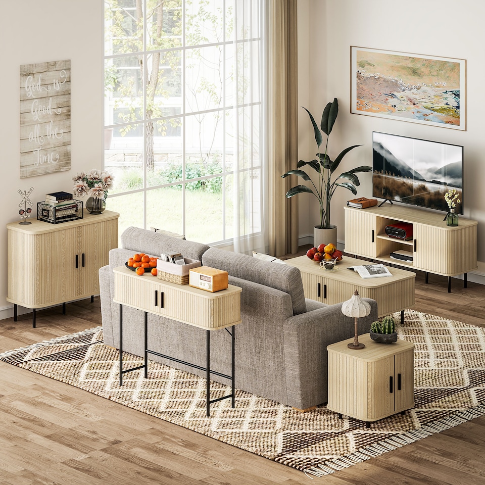 image 1 of HOMCOM Mid-Century Modern Sideboard Storage Cabinet with Slatted Tambour Sliding Doors, Kitchen Cabinet with Steel Legs, Oak Tone | White | Oak Tone