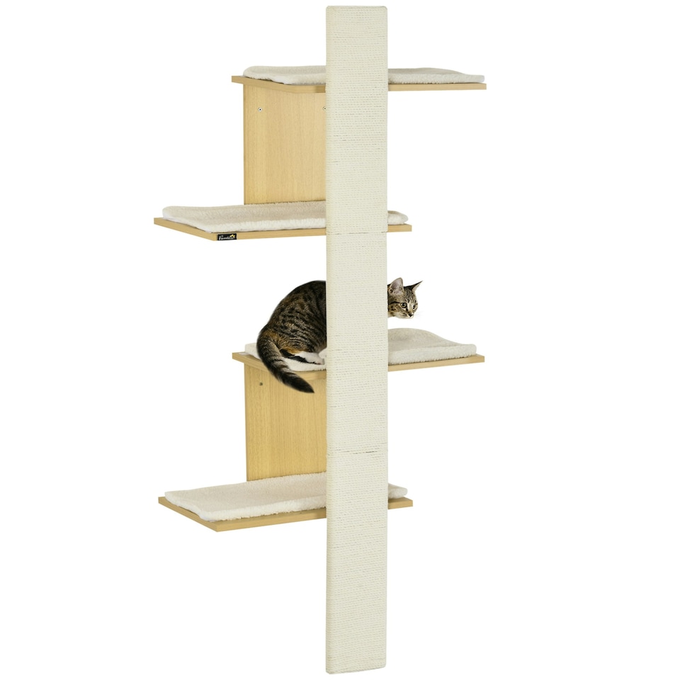 image 1 of PawHut Cat Wall Furniture 4-Layer Wall Mounted Shelf with Cushions Oak Tone
