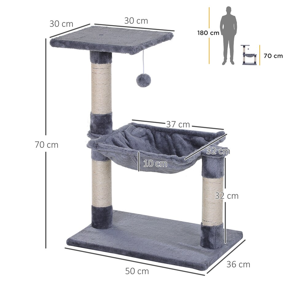 image 1 of PawHut Cat Tree Scratch Post with Bed Hammock Sisal for Indoor Cats