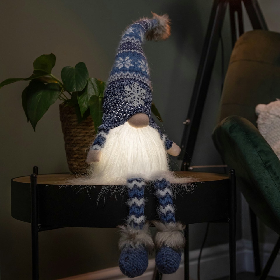 image 1 of 55cm Battery Operated Light up Blue Christmas Gonk with Dangly Legs & Snowflake Hat