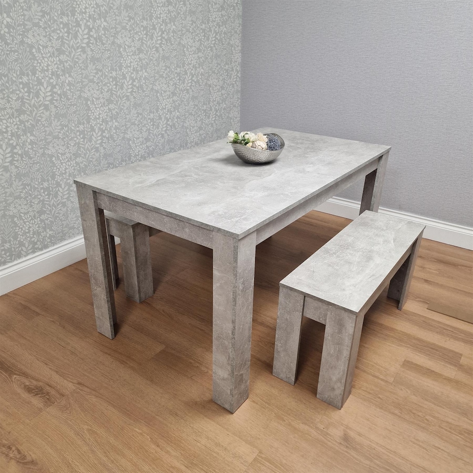image 1 of Stone Grey Effect Wooden Dining Table with 2 Grey Wood Benches Dining Room Furniture Set | Grey | One Size