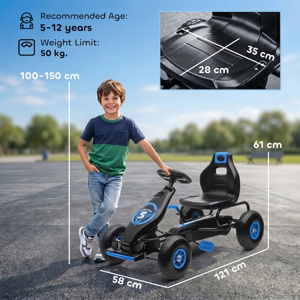 image 1 of HOMCOM Children Pedal Go Kart w/ Adjustable Seat, Rubber Wheels, Brake, Blue