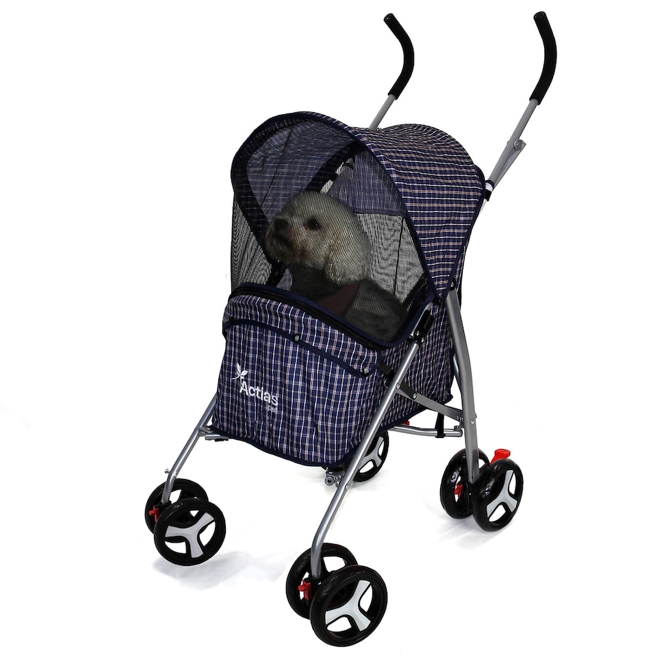 image 1 of Pet Stroller Dog Cat Puppy Pram Pushchair Travel Cart Jogging Buggy Carrier (Blue Tartan)