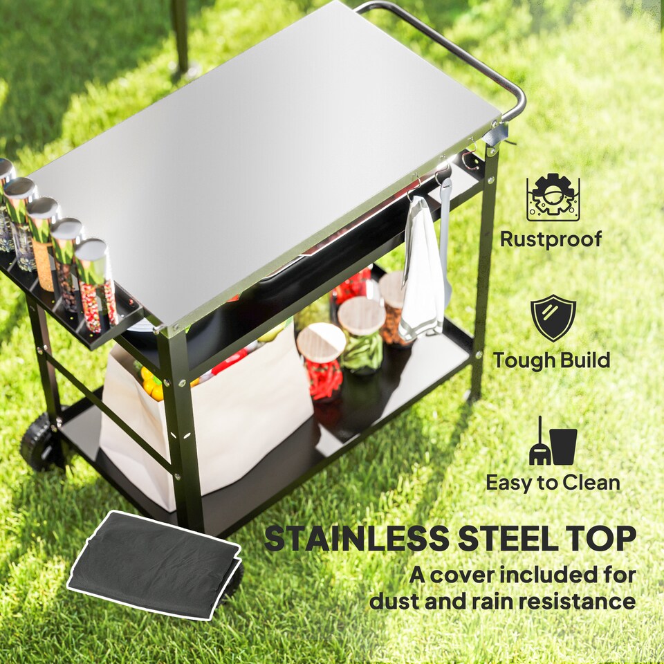 image 1 of Outsunny BBQ Trolley with Stainless Steel Top, Movable Barbecue Pizza Table