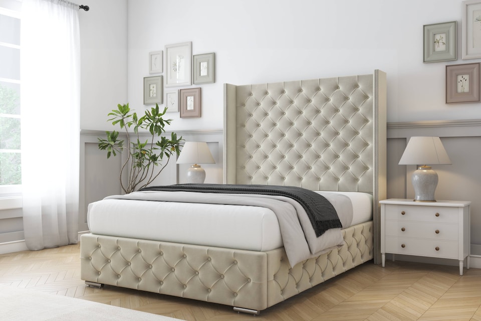 image 1 of Sloomy Arundel Cream Plush Bed Frame With Mattress With 50"  Upholstered Wingback Headboard 5' King
