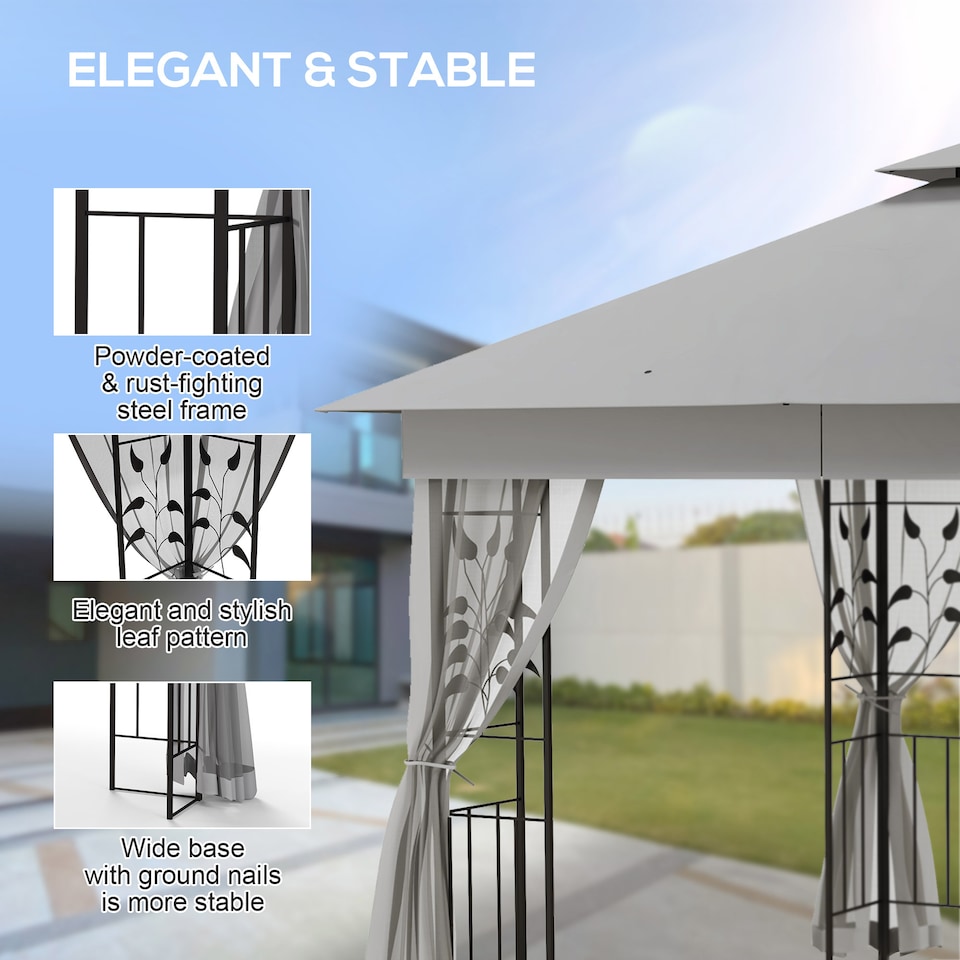 image 1 of Outsunny 3m x 3m Garden Gazebo, Double Roof Outdoor Gazebo Canopy Shelter with Netting, Solid Steel Frame, for Garden, Lawn and Deck, Light Grey