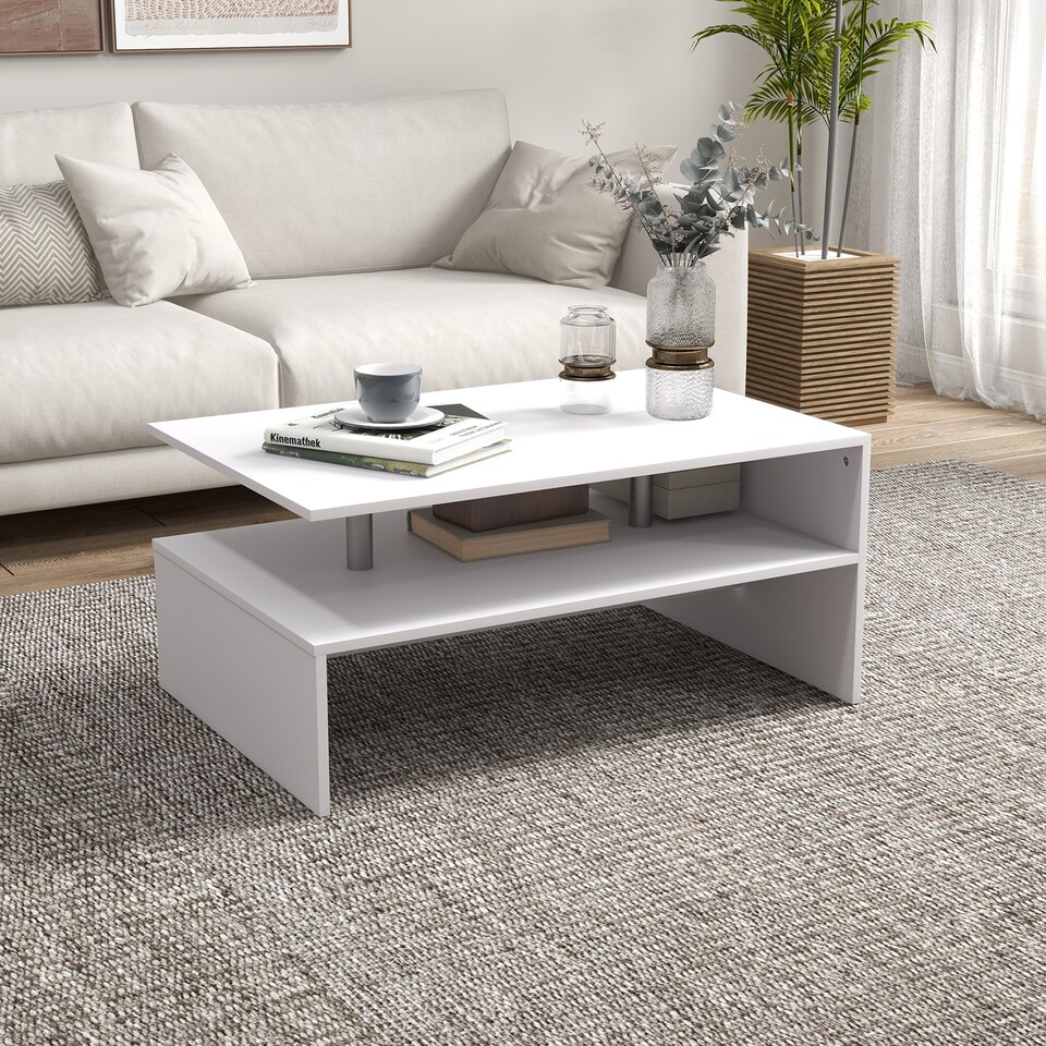 image 1 of HOMCOM Coffee Table with Storage, 2-Tier Centre Table, Modern Living Room Table with Open Shelf and Aluminium Poles, White | White