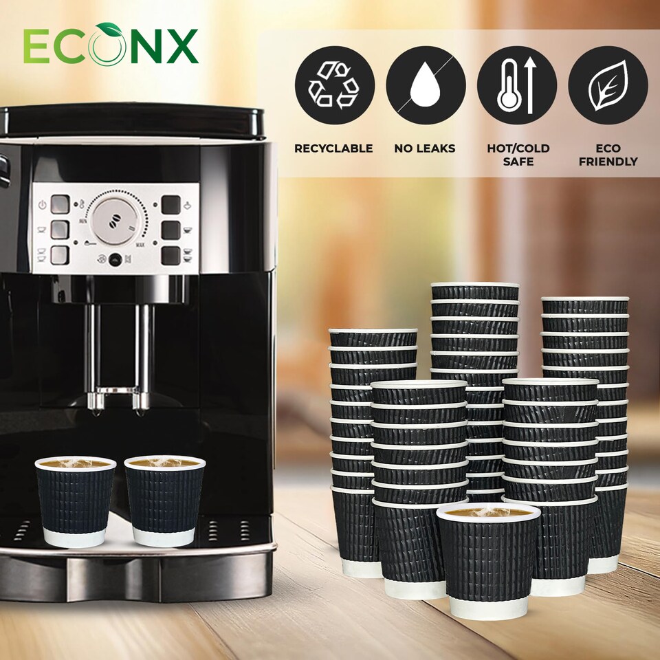 image 1 of ECONX 4oz Disposable Coffee Cups Black 3-PLY Insulated Ripple Wall Paper Cups 100pc