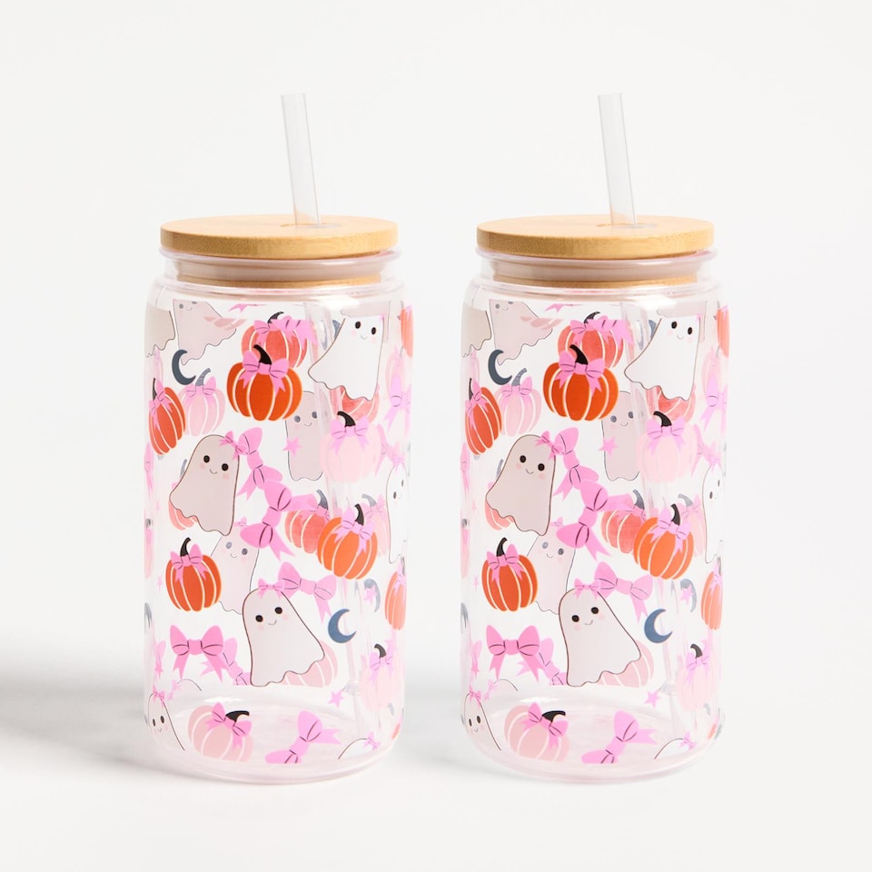 image 1 of OHS 2 Pack Halloween Plastic Cups with Bamboo Lids Clear Drinking Jar