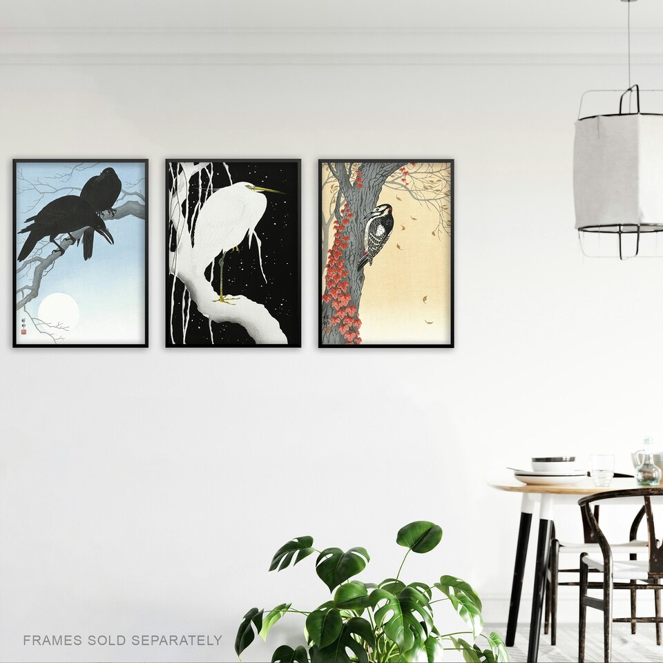 image 1 of Set of 3 Ohara Koson Birds Japanese Nature Beige Blue A3 Wall Art Prints | Multi