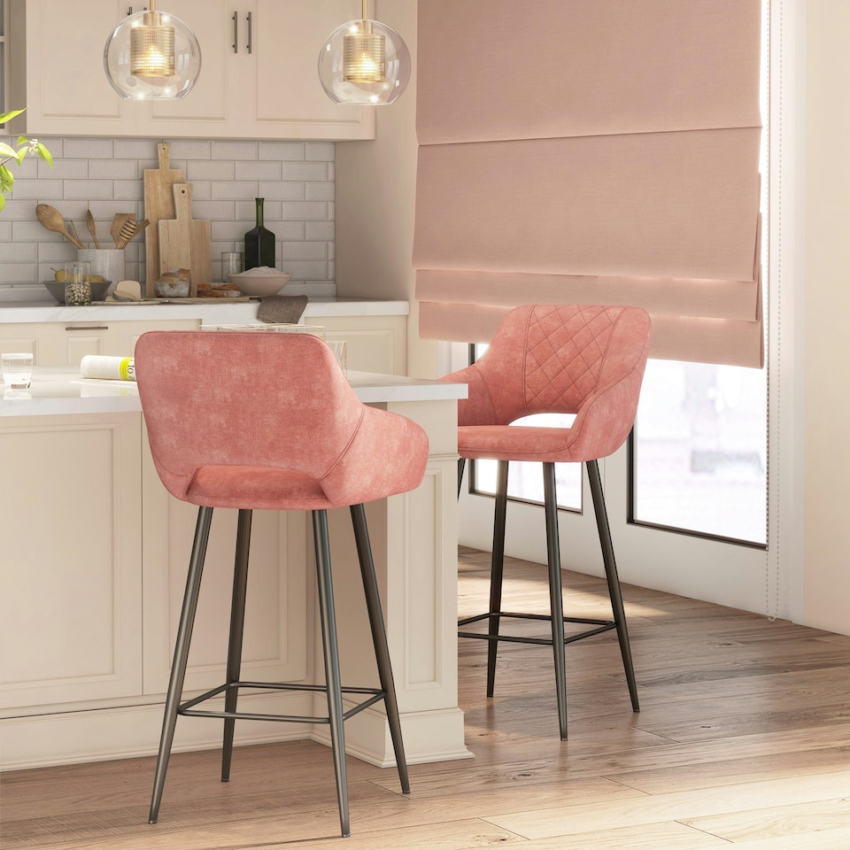 image 1 of HOMCOM Bar Stools Set of 2, Velvet-Touch Fabric Counter Height Bar Chairs Pink