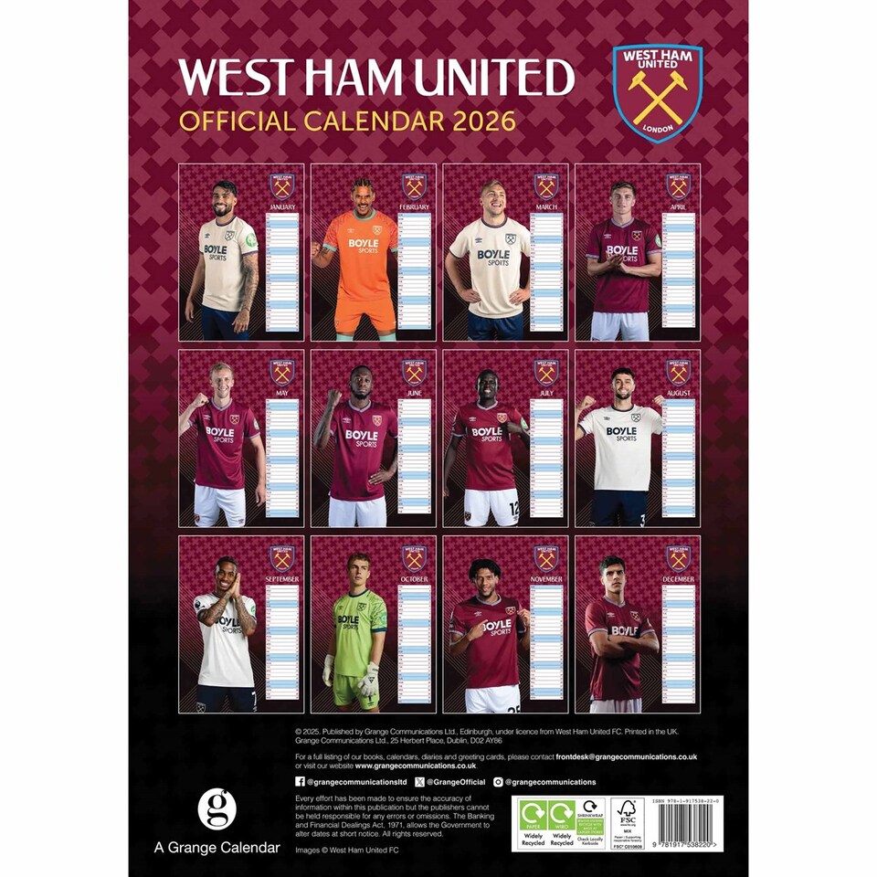 image 1 of WEST HAM UNITED FC 2026 A3 CALENDAR