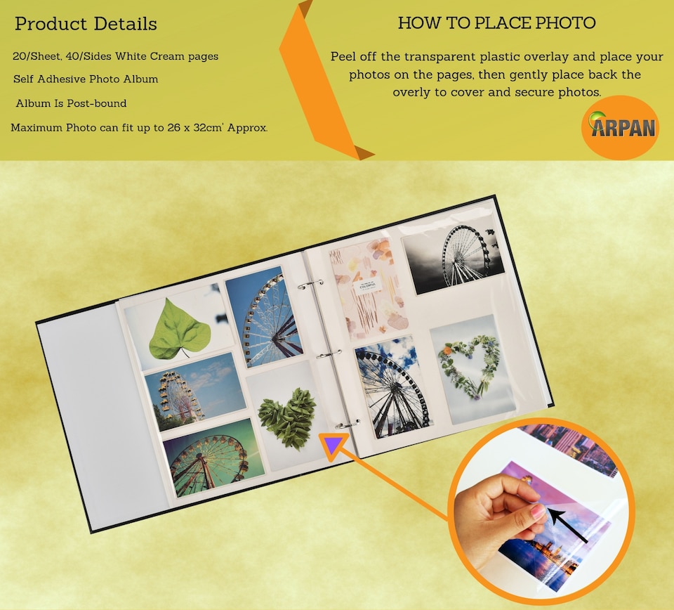 image 1 of ARPAN Extra-Large 3-Ring Binder Self Adhesive Photo Album – 20 Sheets / 40 Sides – Sticky Page Scrapbook Memory Album for Photos, Keepsakes & Special Occasions