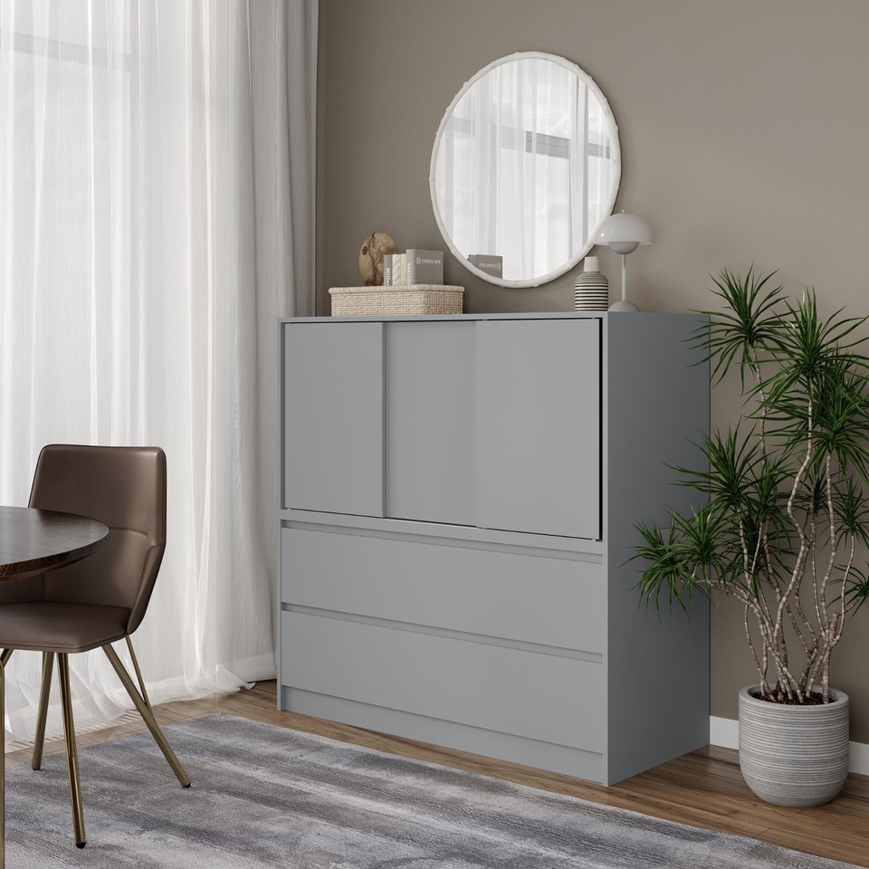 image 1 of 120cm 3 Sliding Door 4 Drawer Bedside Cabinet Storage End Unit Bedroom Furniture | Grey | Grey | 1