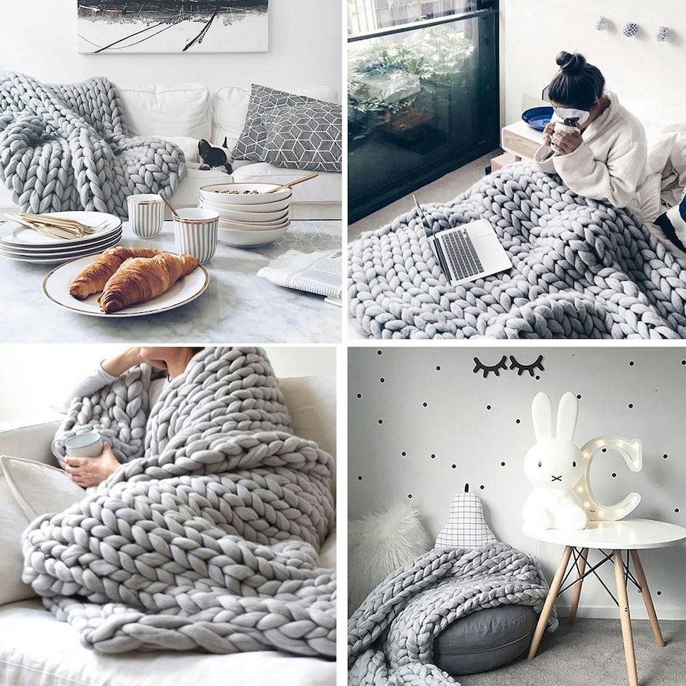 image 1 of Living and Home Chunky Knit Throw Blanket Handwoven Home Decor