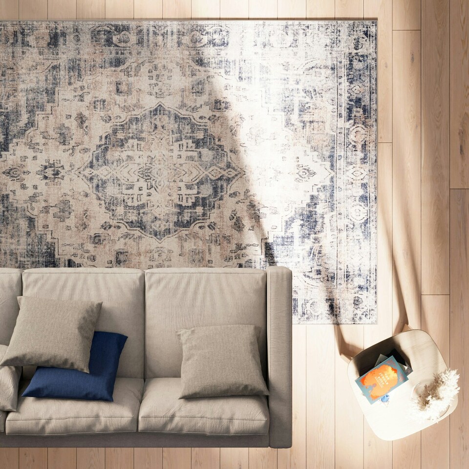 image 1 of Beige Blue Distressed Vintage Medallion Washable Living Room Area Rug-160x230cm