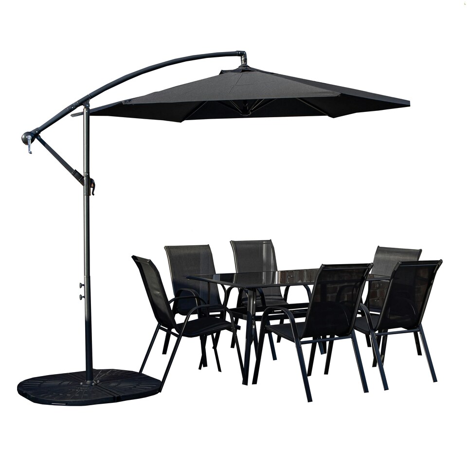 image 1 of Outdoor 6 Person Rectangular Glass Top Garden Dining Table Chairs With Black Banana Parasol and Base