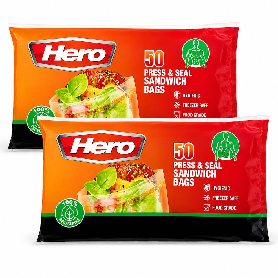 image 1 of Hero Reusable Press Seal Freezer Bags - Pack of 50 BPA Free Food Storage Bags for Sandwiches, Fruit, Meat, Vegetables & Freezer Storage