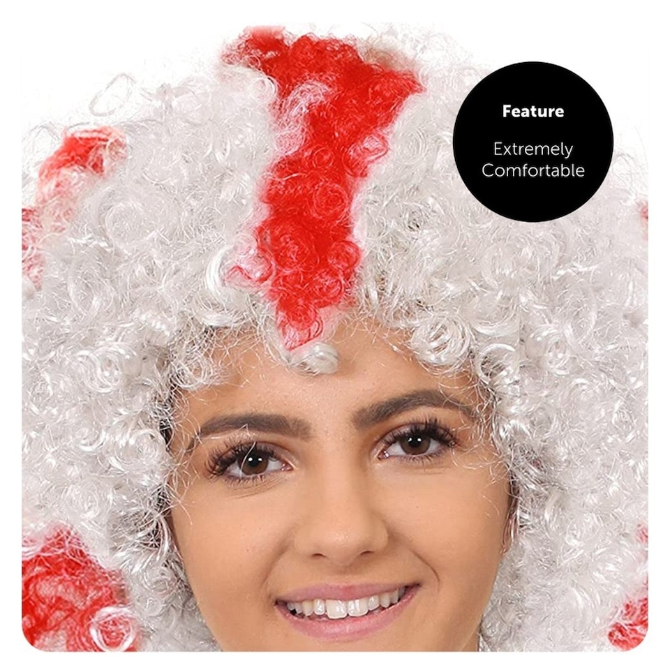image 1 of Pack of 6 England Curly Wig & Red and White Face Paint Red | One Size