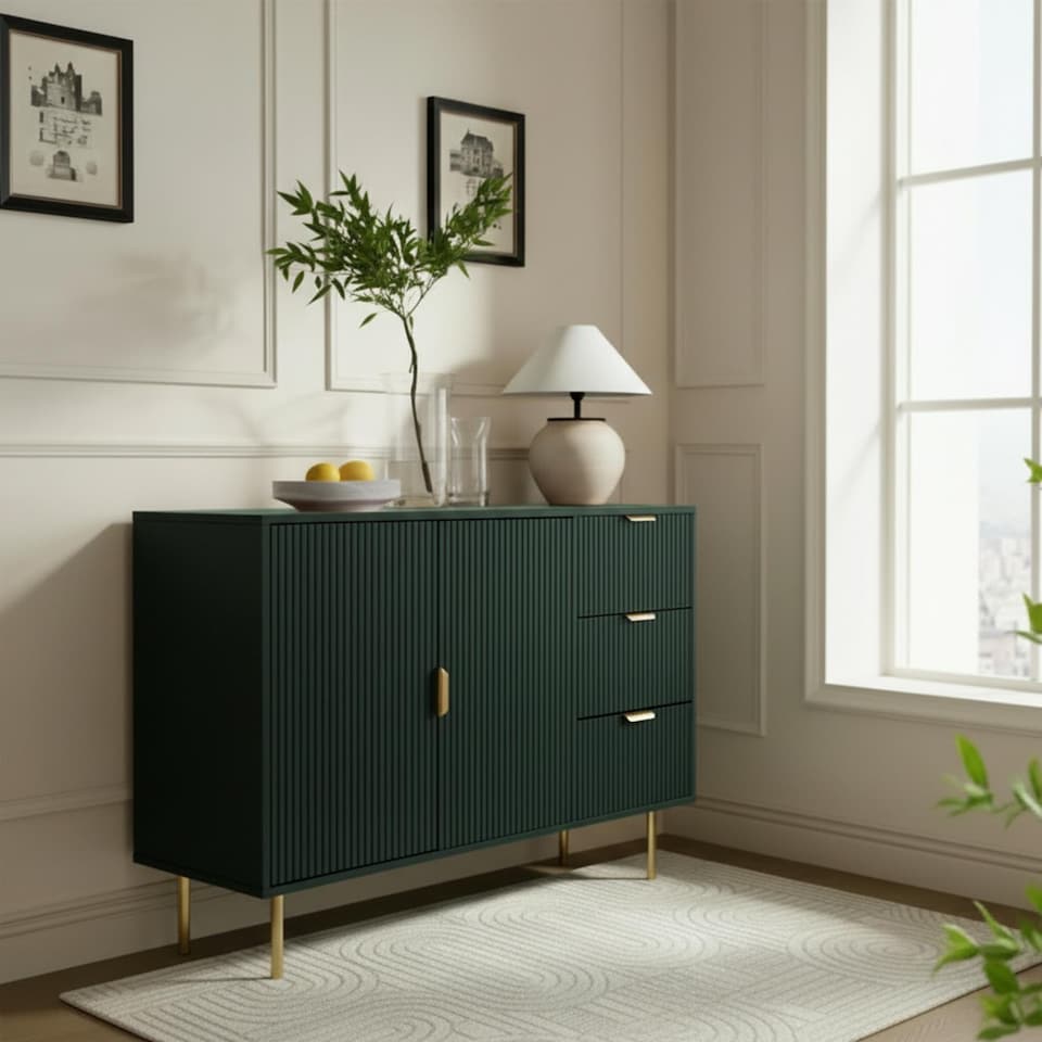 image 1 of OHS Ribbed Sideboard Table Modern Drawer Shelf Cabinet Storage