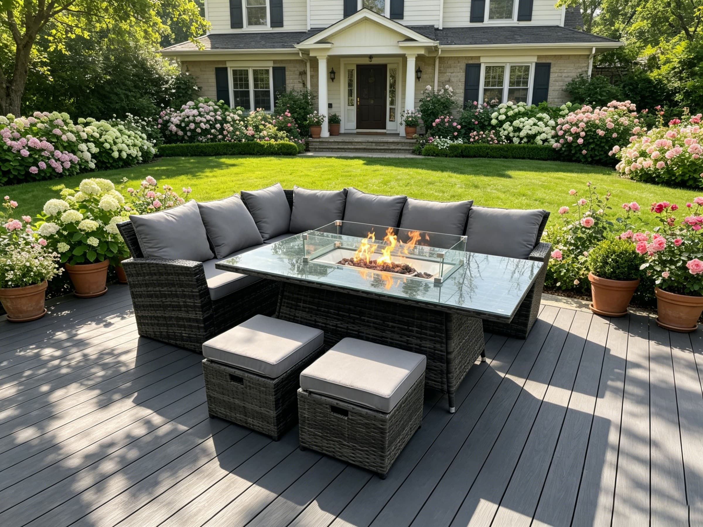 Fimous High Back Rattan Garden Furniture Sets Gas Fire Pit Dining Table Set Gas Heater Left Corner Sofa Small Footstools 8 Seater