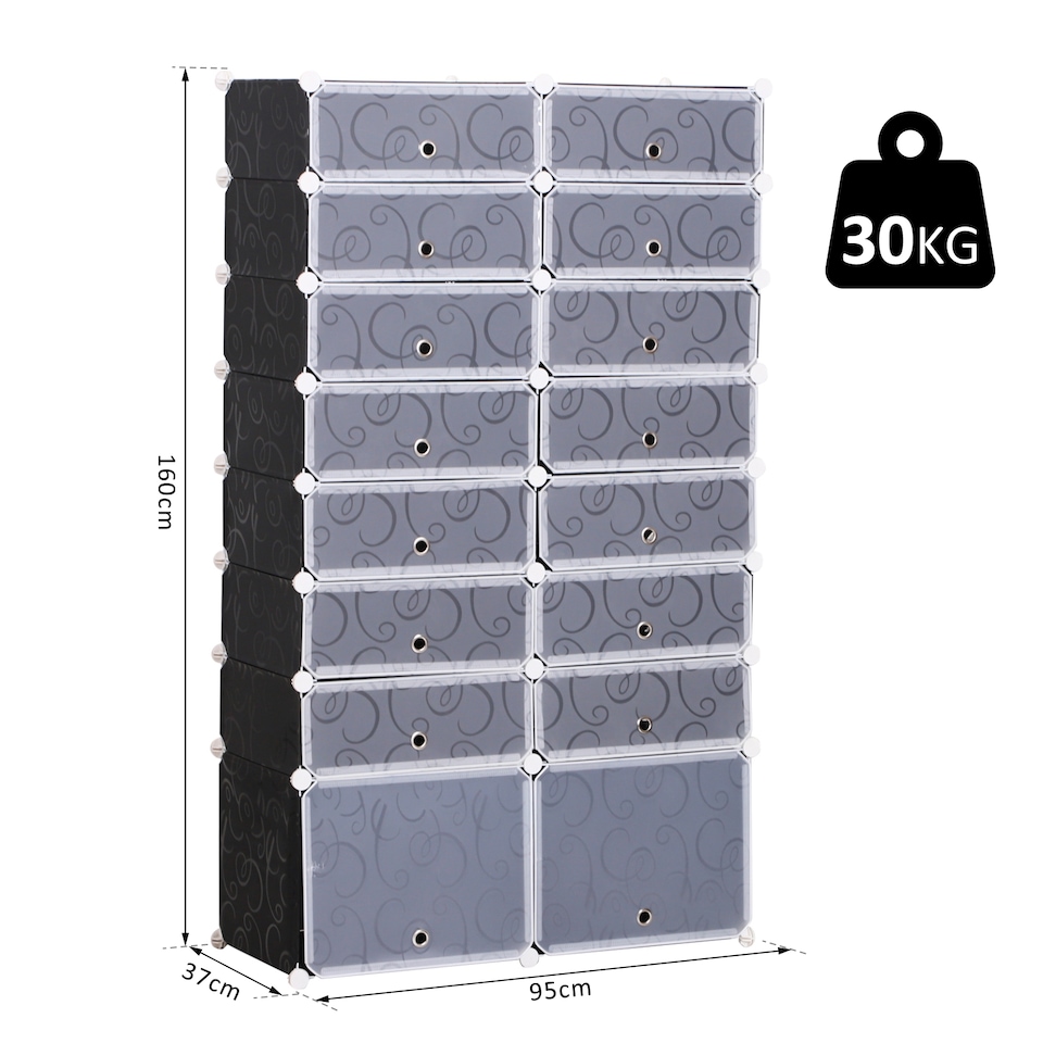 image 1 of HOMCOM 16 Cube Shoe Rack, 2 x 8 Tier Shoe Storage Cabinet, Modular Plastic Shelves for Bedroom, Living Room and Entryway, Space Saving Footwear Organizer, 32 Pairs, White and Black