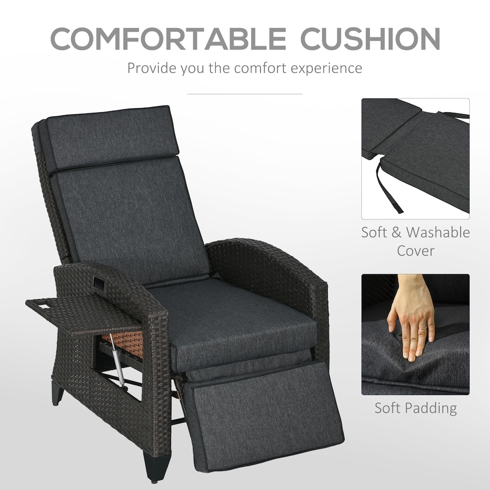 image 1 of Outsunny Garden Recliner w/ Cushion, Reclining Rattan Chair, Dark Grey/Brown
