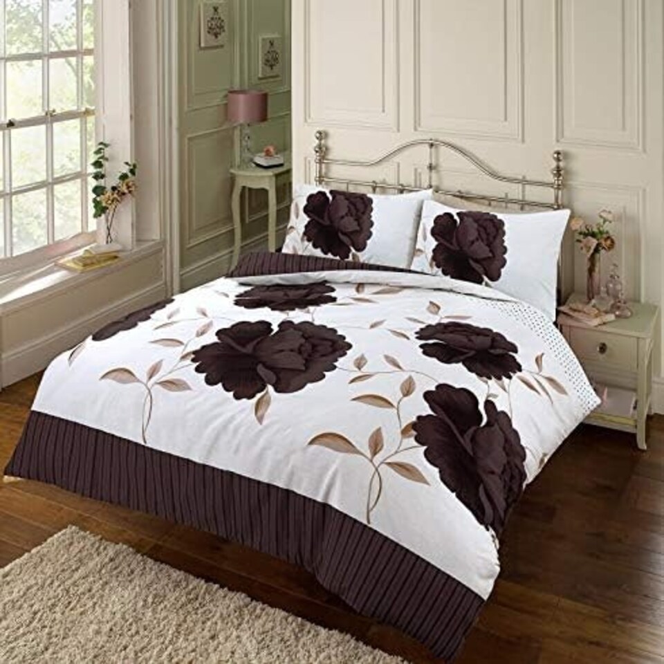 image 1 of Luxury Floral Rosaleen Printed Flowers Easy Care Duvet Cover Set Brown | Super King