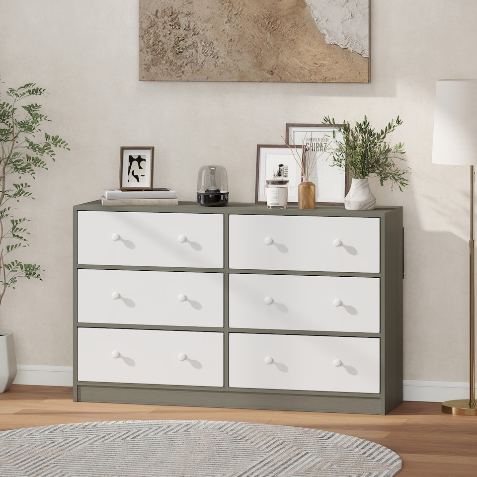 image 1 of HOMCOM Chest of Drawers, 6 Drawer Dresser for Bedroom, White and Grey | White | White and Grey | 1