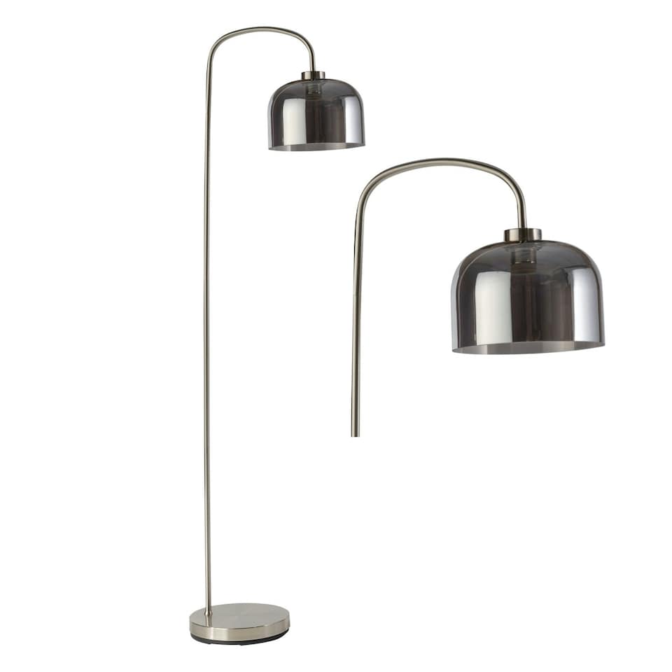 image 1 of Francine - Satin Nickel Arched Floor Lamp with Smoke Glass Shade Silver | Grey