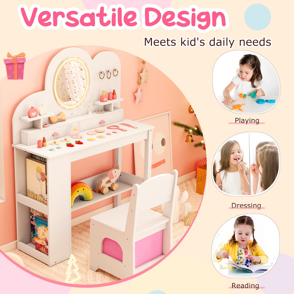 image 1 of COSTWAY Kids Princess Vanity Table & Chair Set White