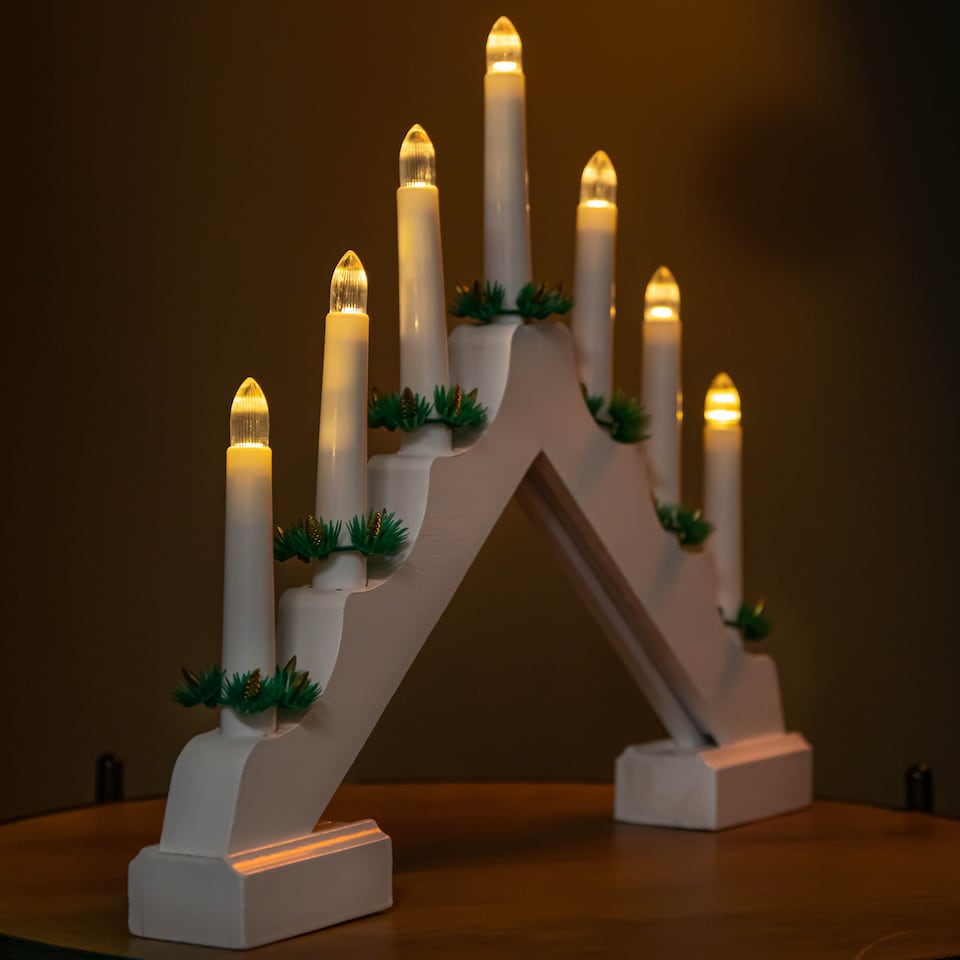 image 1 of 40cm Battery Operated Light up White Wooden Christmas Candle Bridge with 7 Warm White LEDs