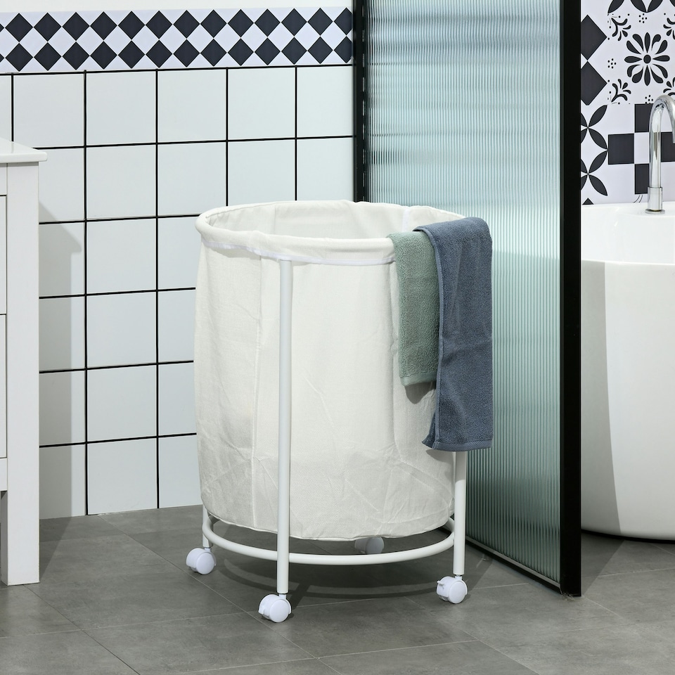 image 1 of HOMCOM 100L Round Laundry Hamper with Wheels for Bedroom Bathroom Cream White
