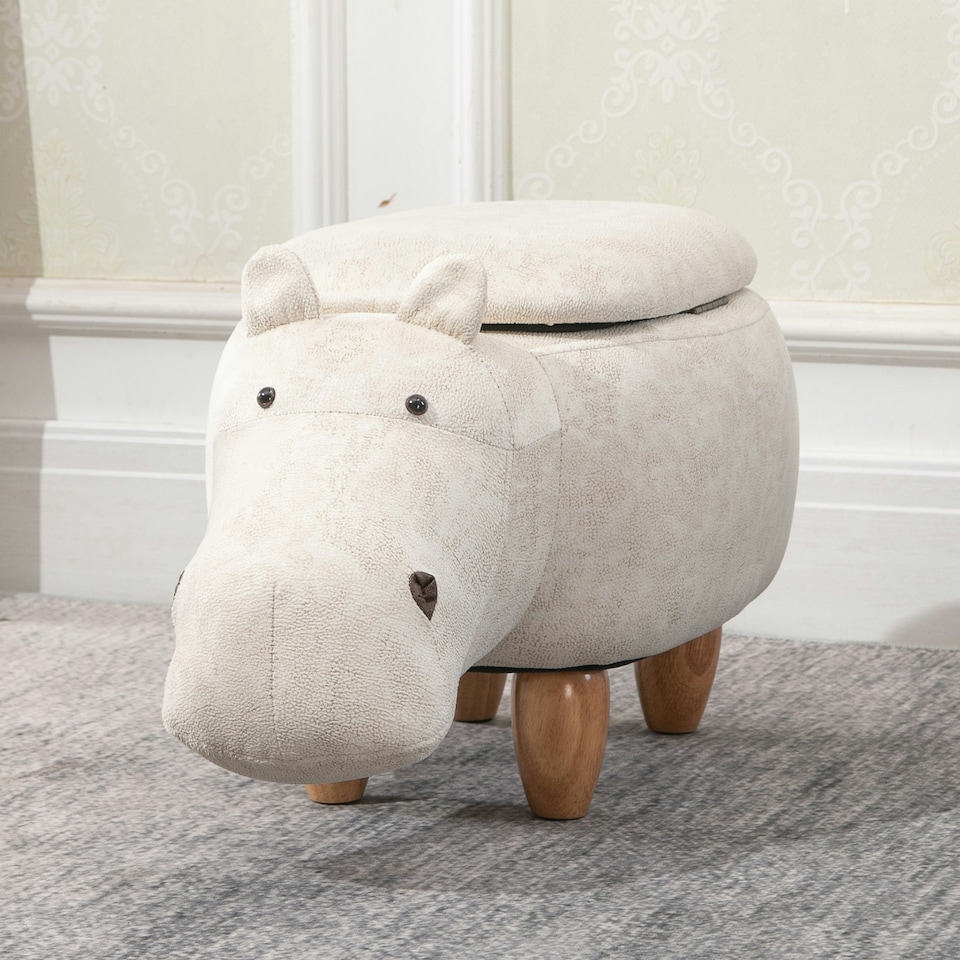 image 1 of HOMCOM Hippo Storage Stool Cute Decoration Footrest Wood Frame Legs Cream
