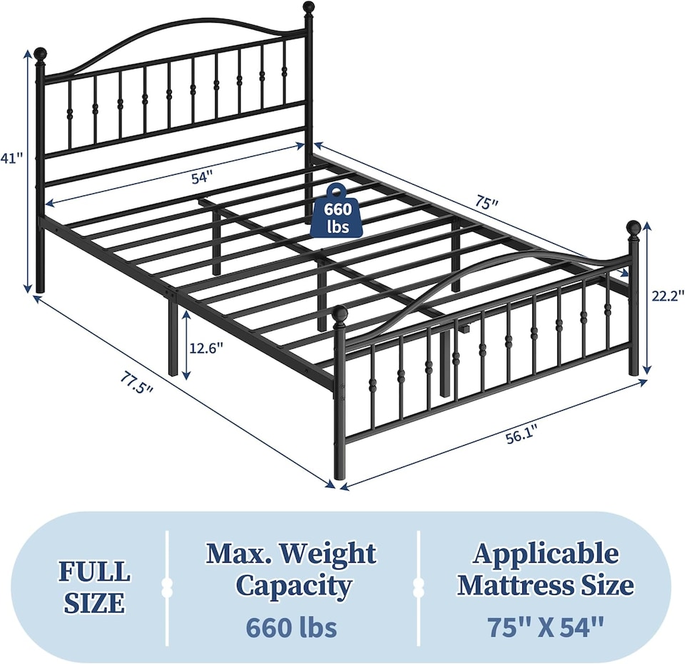 image 1 of London Boutique Double Metal Bed Frame with Anti-Slip High Footboard, 300kg Capacity, Black/195x140cm