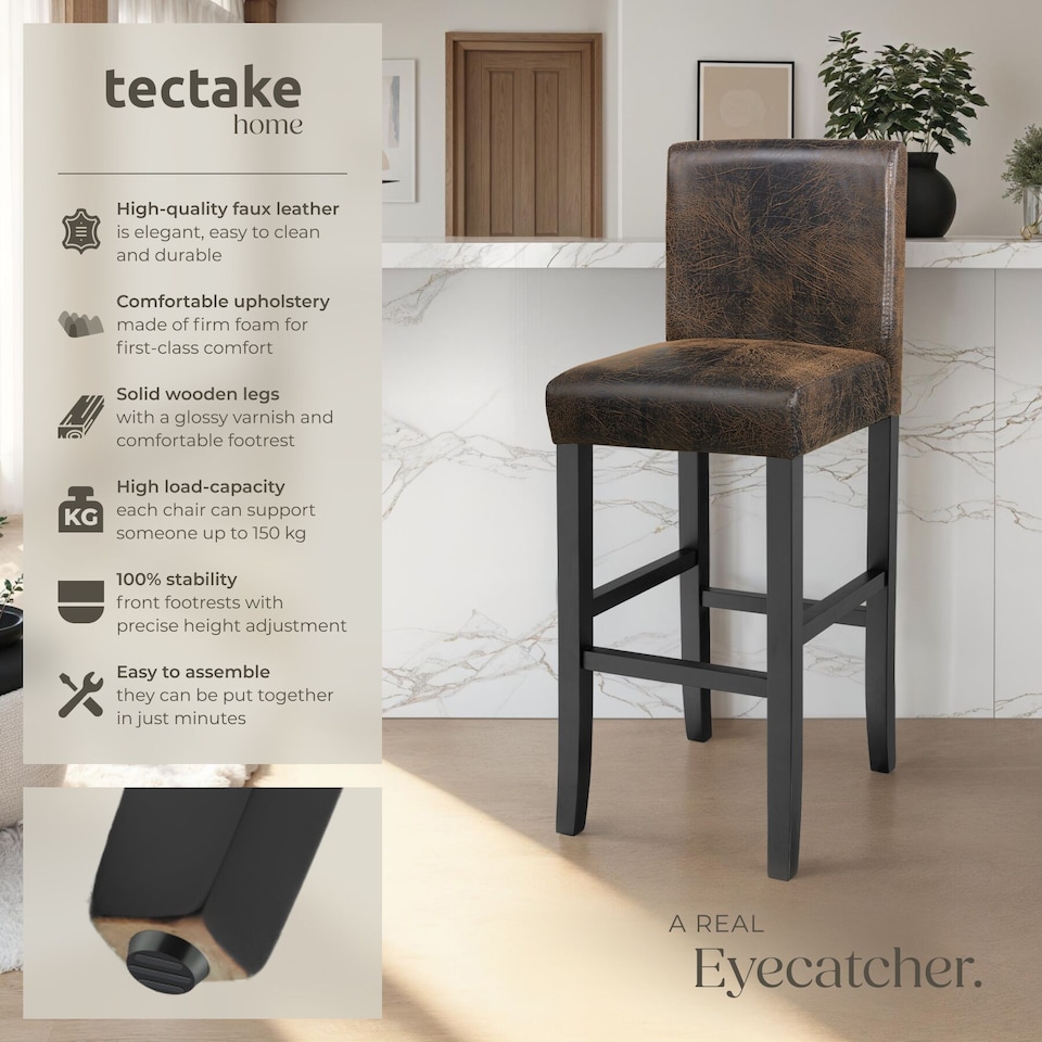 image 1 of Bar Stools with a padded backrest and faux leather cover | Brown | antique brown | 41 x 40 x 107 cm | 2