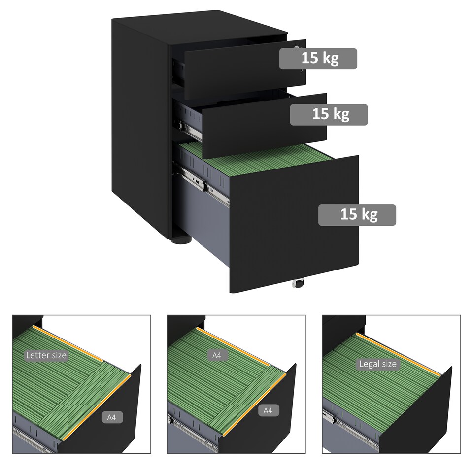 image 1 of Vinsetto 3-Drawer Mobile Filing Cabinet, Steel Lockable File Cabinet for A4, Legal, Letter, Compact Under Desk Storage Unit with Pre-Assembled Body Except Wheels for Home Office, 39 x 48 x 59cm, Black