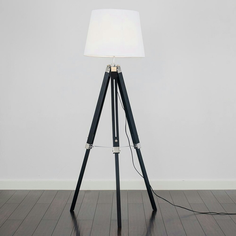 image 1 of ValueLights Modern Black Wood And Silver Chrome Tripod Floor Lamp With White Light Shade