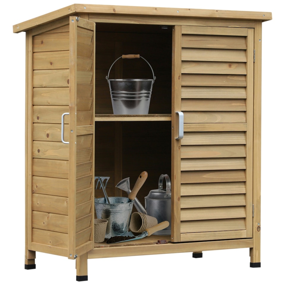 image 1 of Outsunny Wooden Garden Two-Door Storage Shed, Fir Wood Cabinet