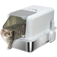 PawHut Stainless Steel Cat Litter Box with Removable Lid, Scoop | White | One Size
